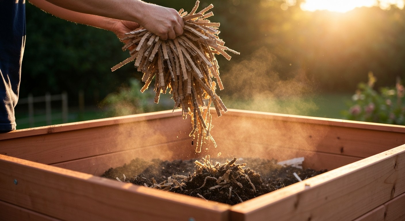 Shredded brown cardboard being added to a wooden garden compost bin during sunset.