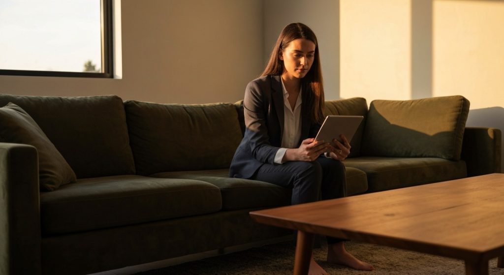 American Furniture Warehouse Financing: Worth it? (2026) 9 A woman sits on a velvet sofa in a sunlit living room looking at a tablet screen.
