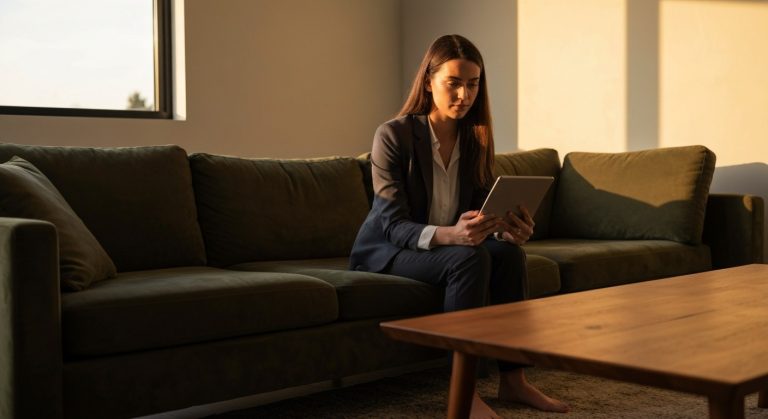 American Furniture Warehouse Financing: Worth it? (2026) 4 A woman sits on a velvet sofa in a sunlit living room looking at a tablet screen.