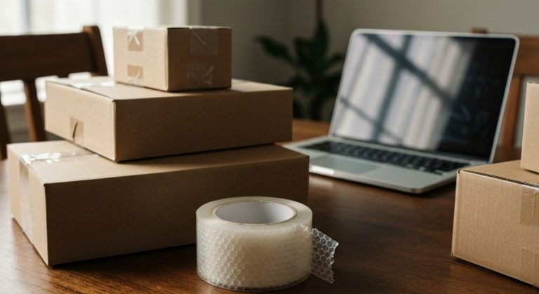 A cluttered home dining table filled with various cardboard boxes, packing tape, and a laptop, lit by soft window light.
