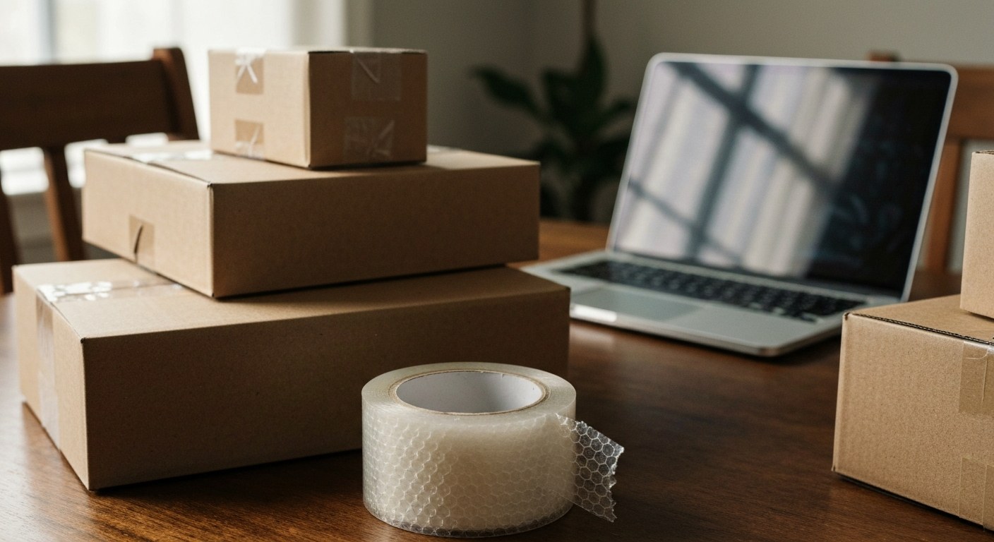 Home Office Reshipping Scam Setup A cluttered home dining table filled with various cardboard boxes, packing tape, and a laptop, lit by soft window light.