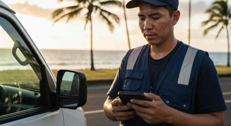 A logistics worker in a navy vest checks a handheld scanner next to a delivery van during a golden hour sunset in Hawaii.