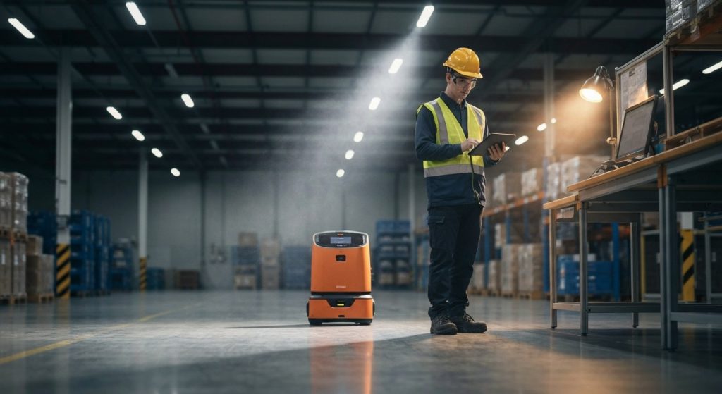 A warehouse worker in a safety vest stands next to a low-profile orange autonomous robot on a polished concrete floor.