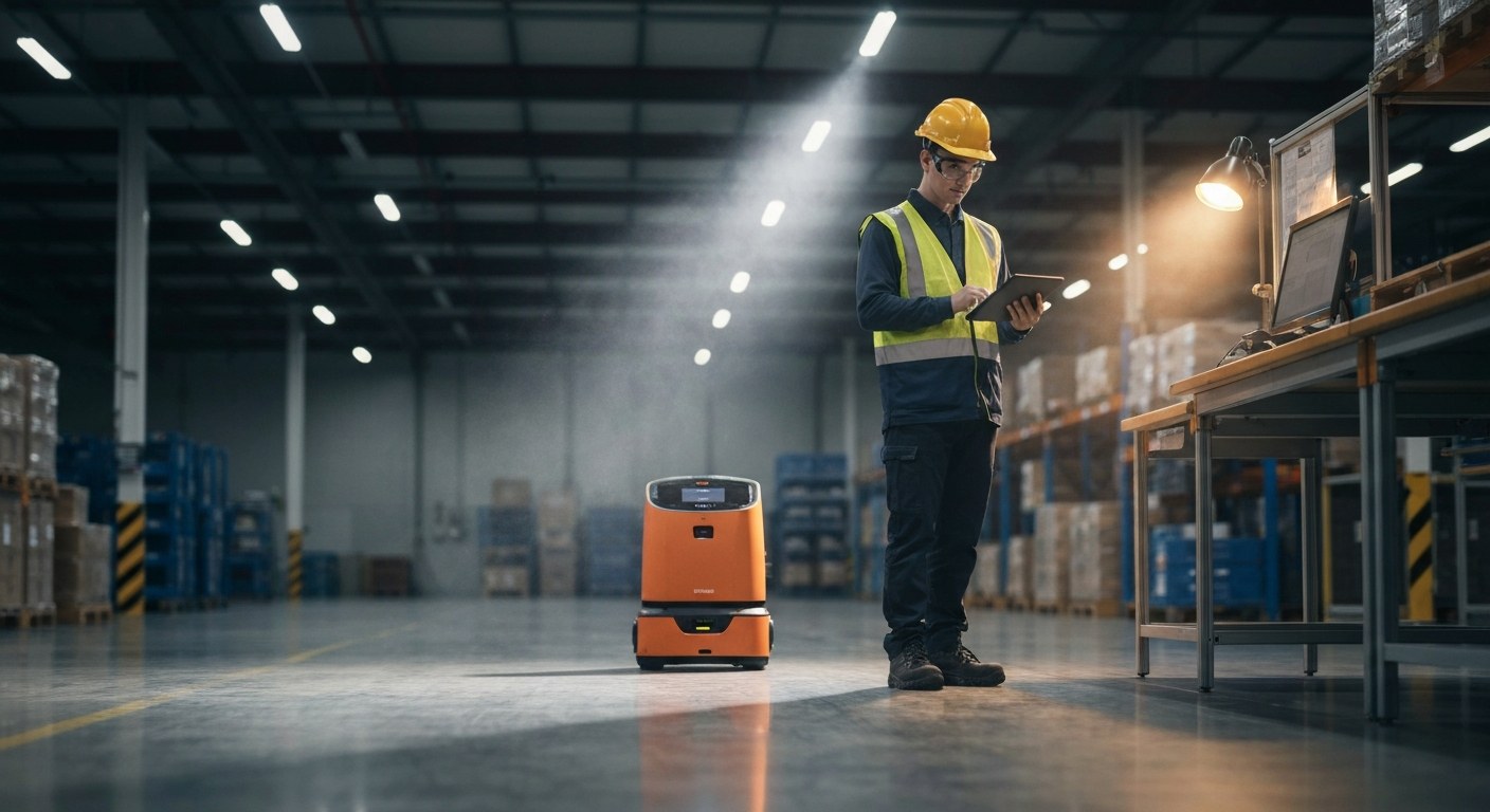 A warehouse worker in a safety vest stands next to a low-profile orange autonomous robot on a polished concrete floor.
