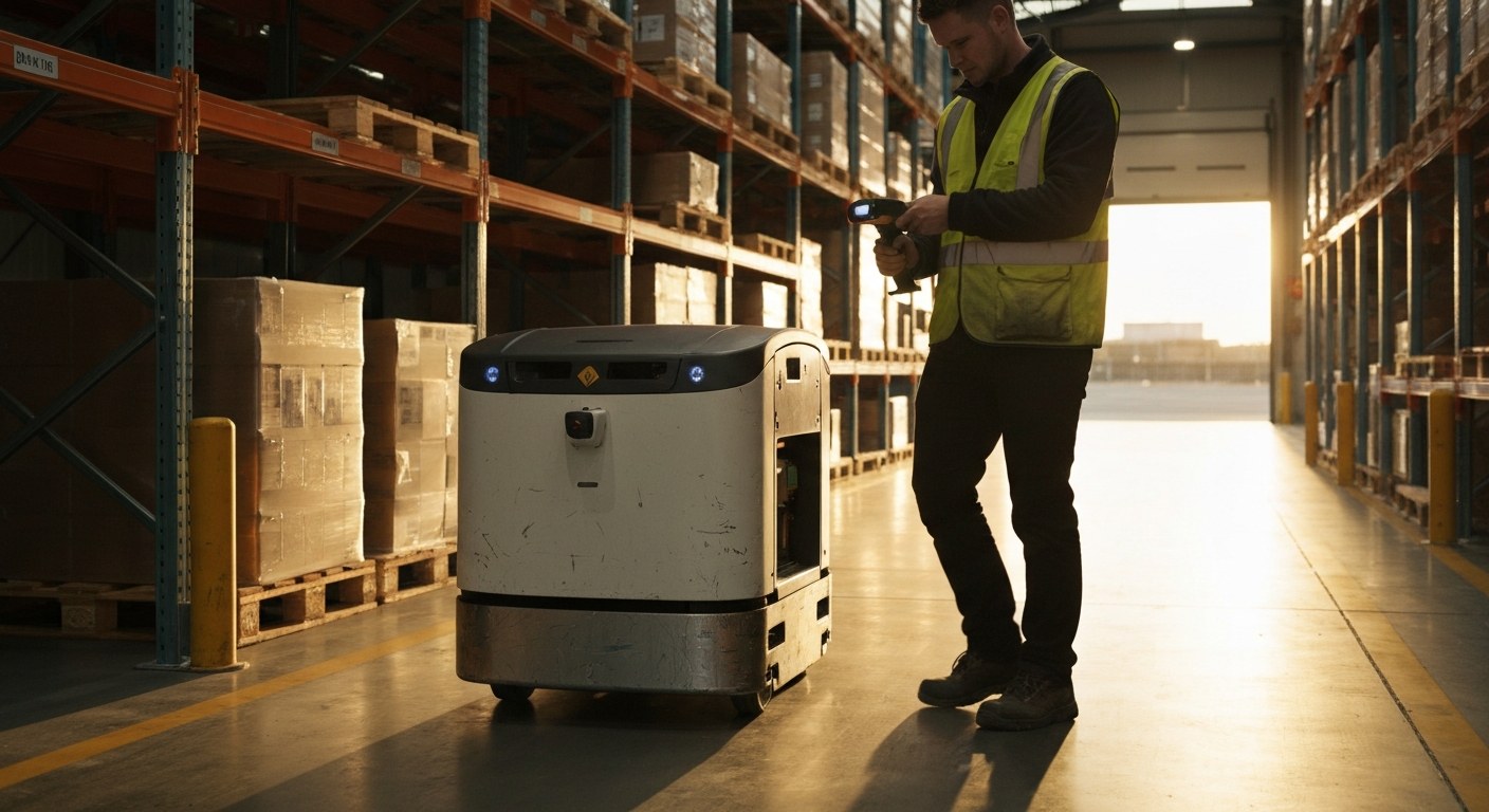 A warehouse worker collaborating with an autonomous mobile robot in a distribution aisle.