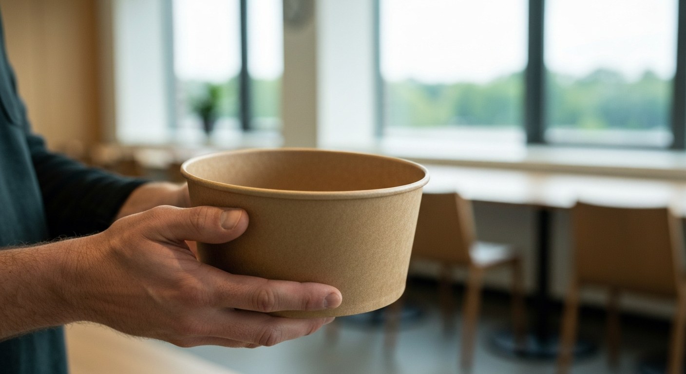 A person's hands holding a brown compostable paper bowl in a bright room with soft window lighting.