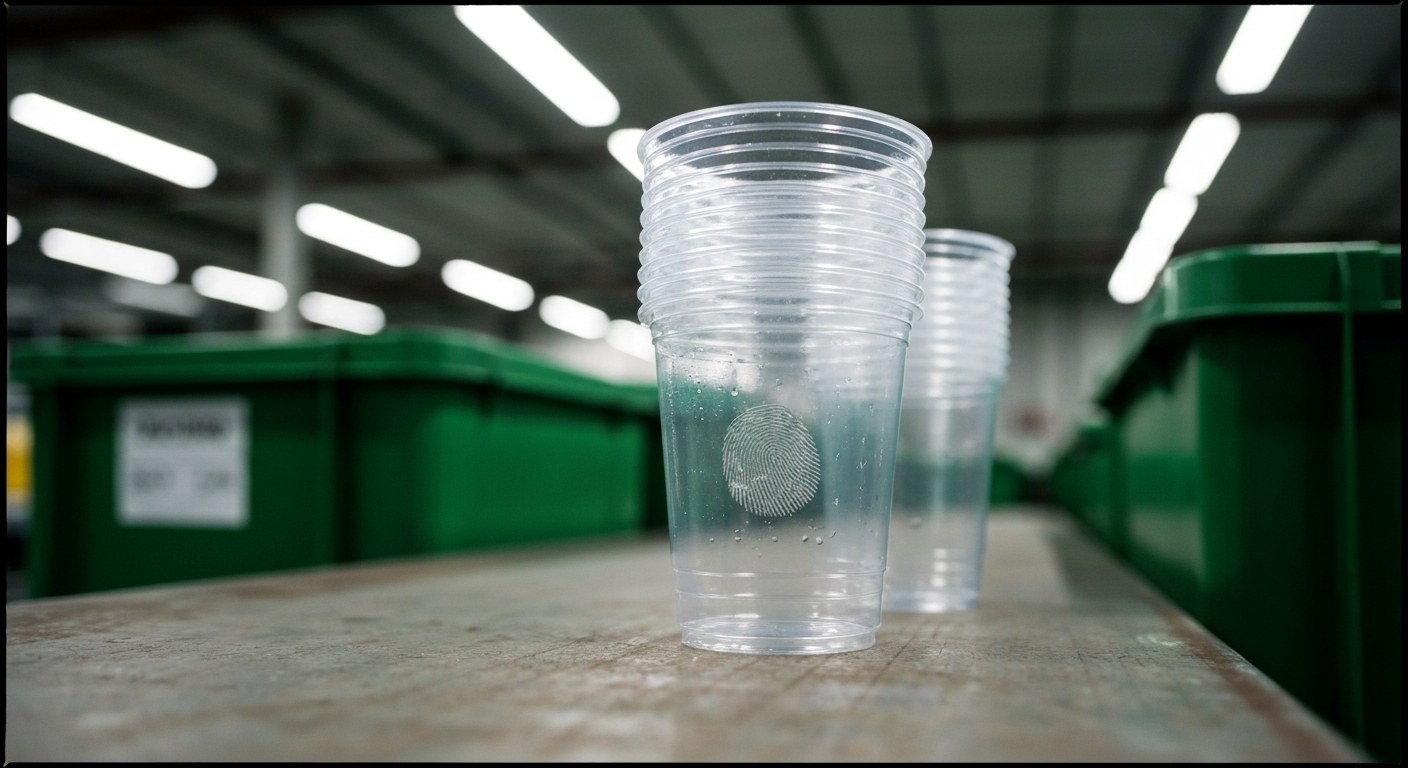 Clear bioplastic PLA cups stacked on a metal workbench in a warehouse setting.