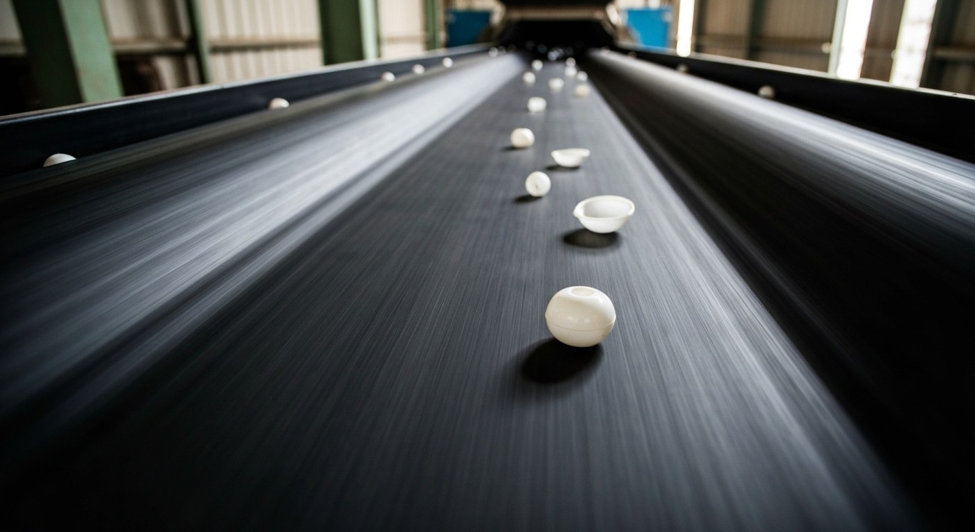 Small white plastic toy fragments moving on a black industrial conveyor belt at a recycling plant.