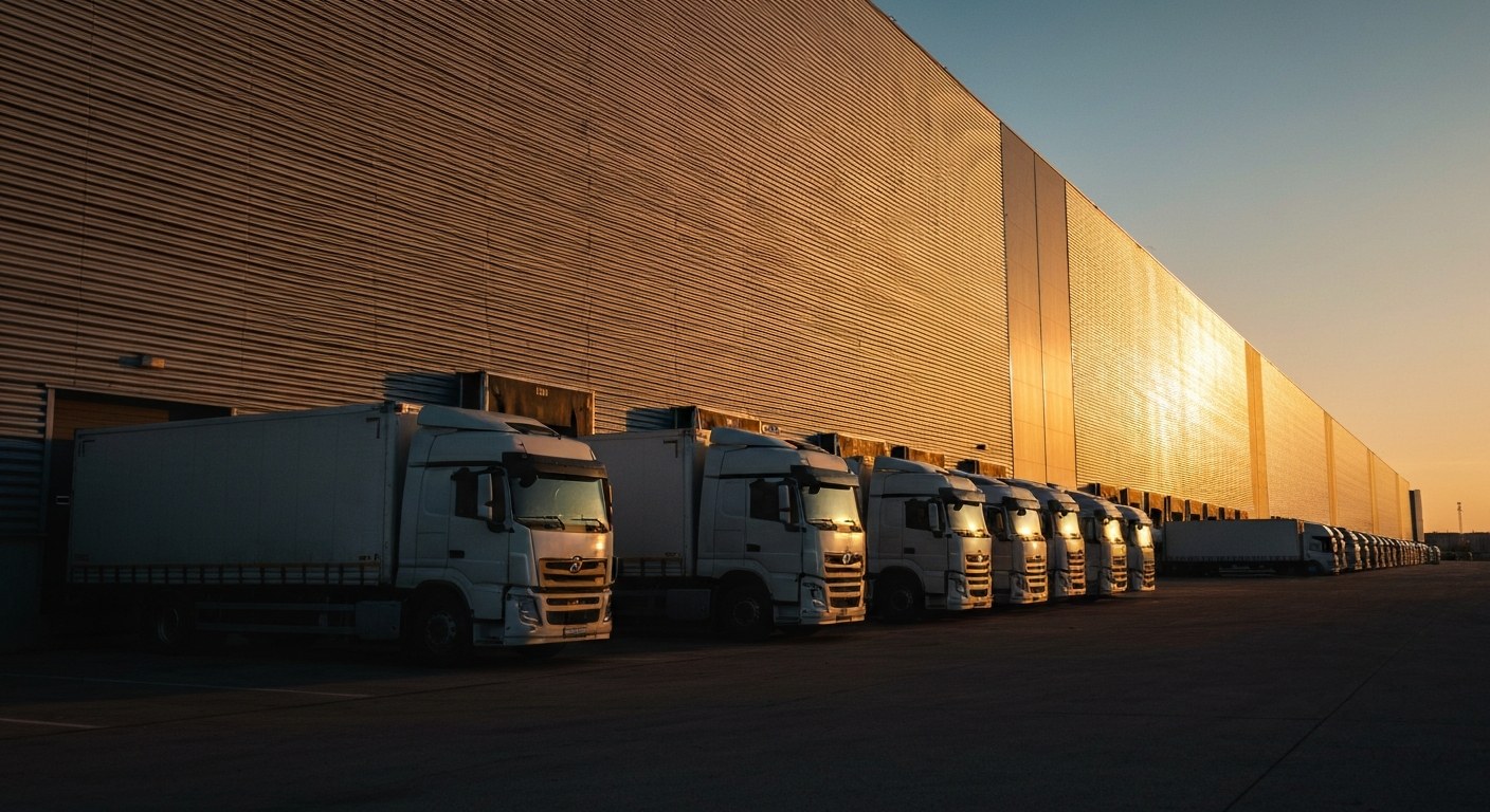 Large Scale Industrial Logistics Facility Exterior Wide shot of a massive industrial warehouse exterior with loading docks at sunset.
