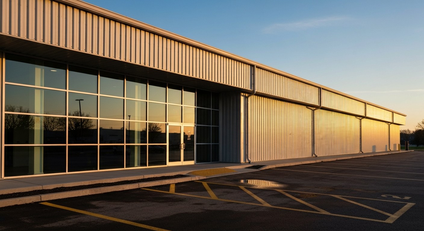 Modern Industrial Flex Warehouse Exterior Exterior view of a modern industrial warehouse building at sunset with corrugated metal siding and large bay doors.