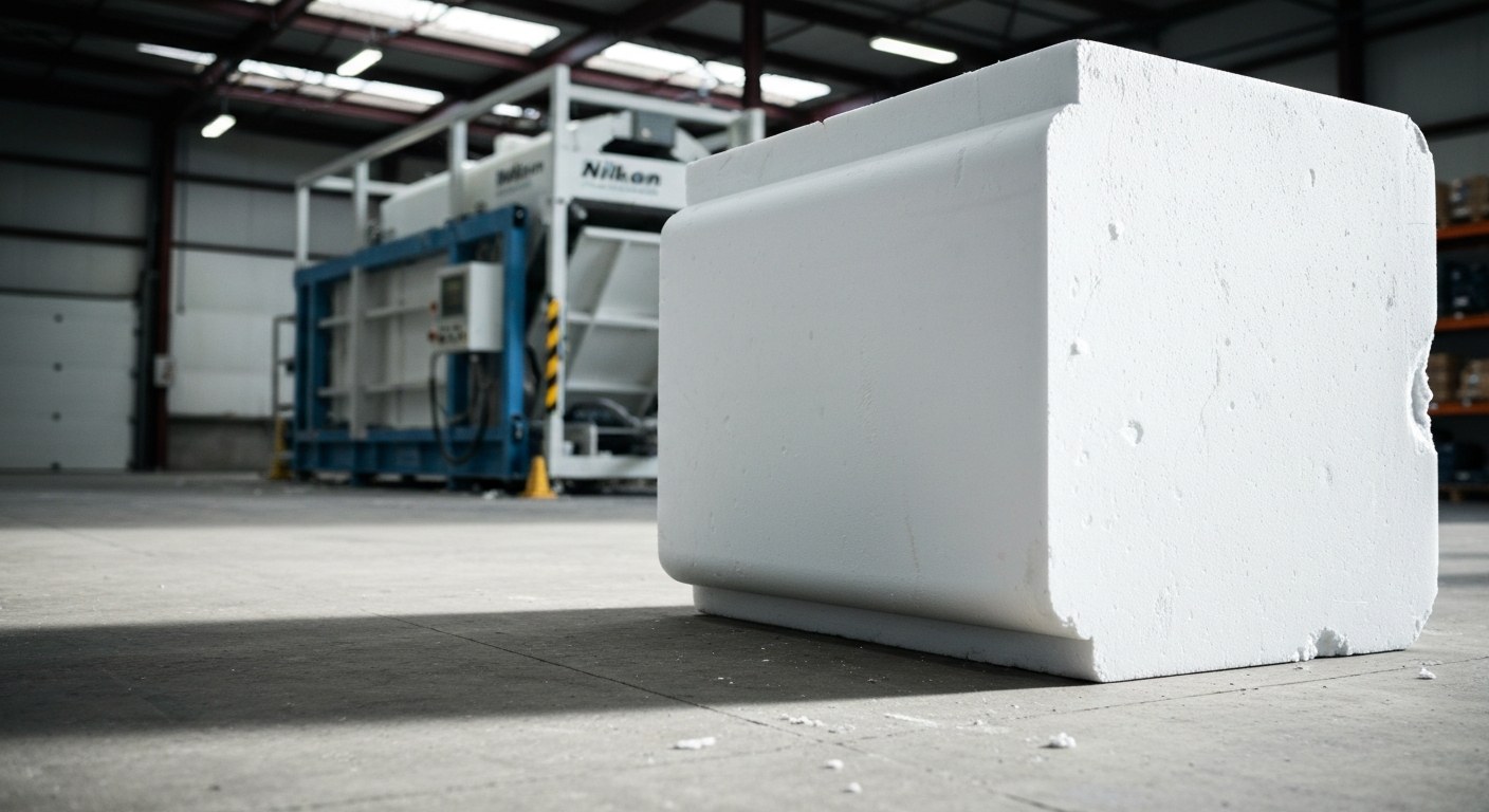 A large block of densified, compressed white foam on a concrete warehouse floor.