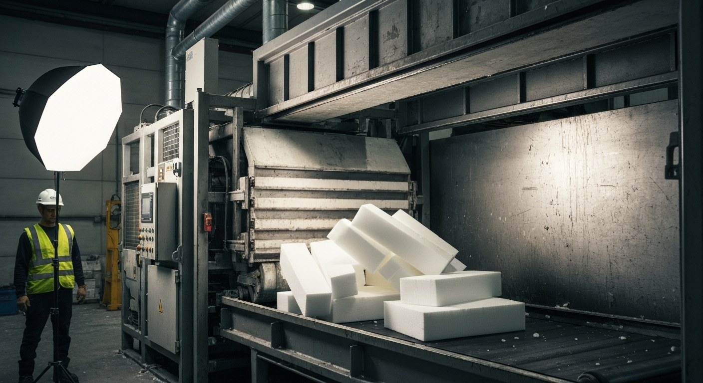 Foam Recycling Economic Reality Industrial foam densifier machine processing bulky expanded polystyrene packaging material in a recycling facility.
