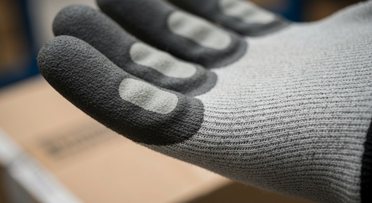 Extreme close-up of the textured palm and breathable knit of an industrial work glove.