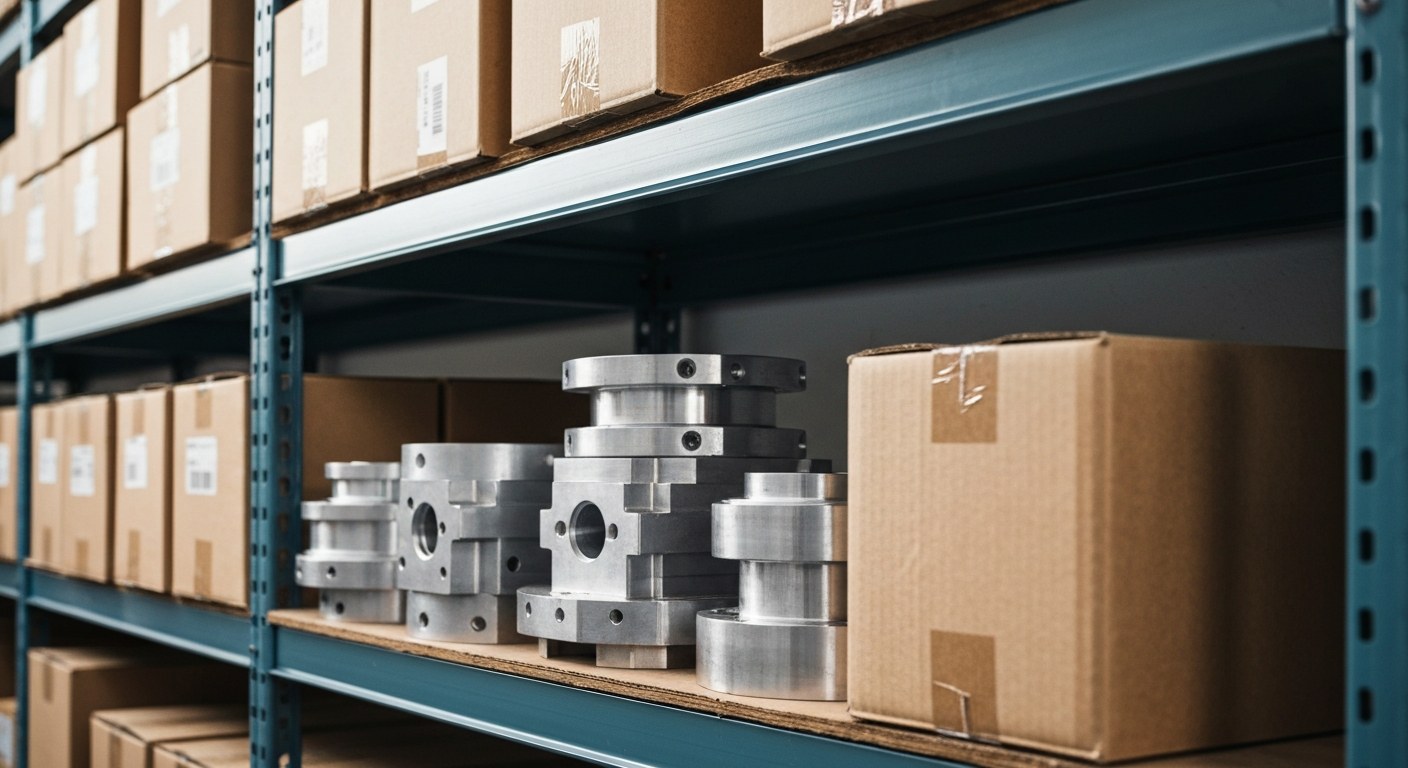 Categorized Industrial Stock and Raw Materials Close-up of machined metal parts and cardboard shipping boxes organized on industrial metal shelving units.