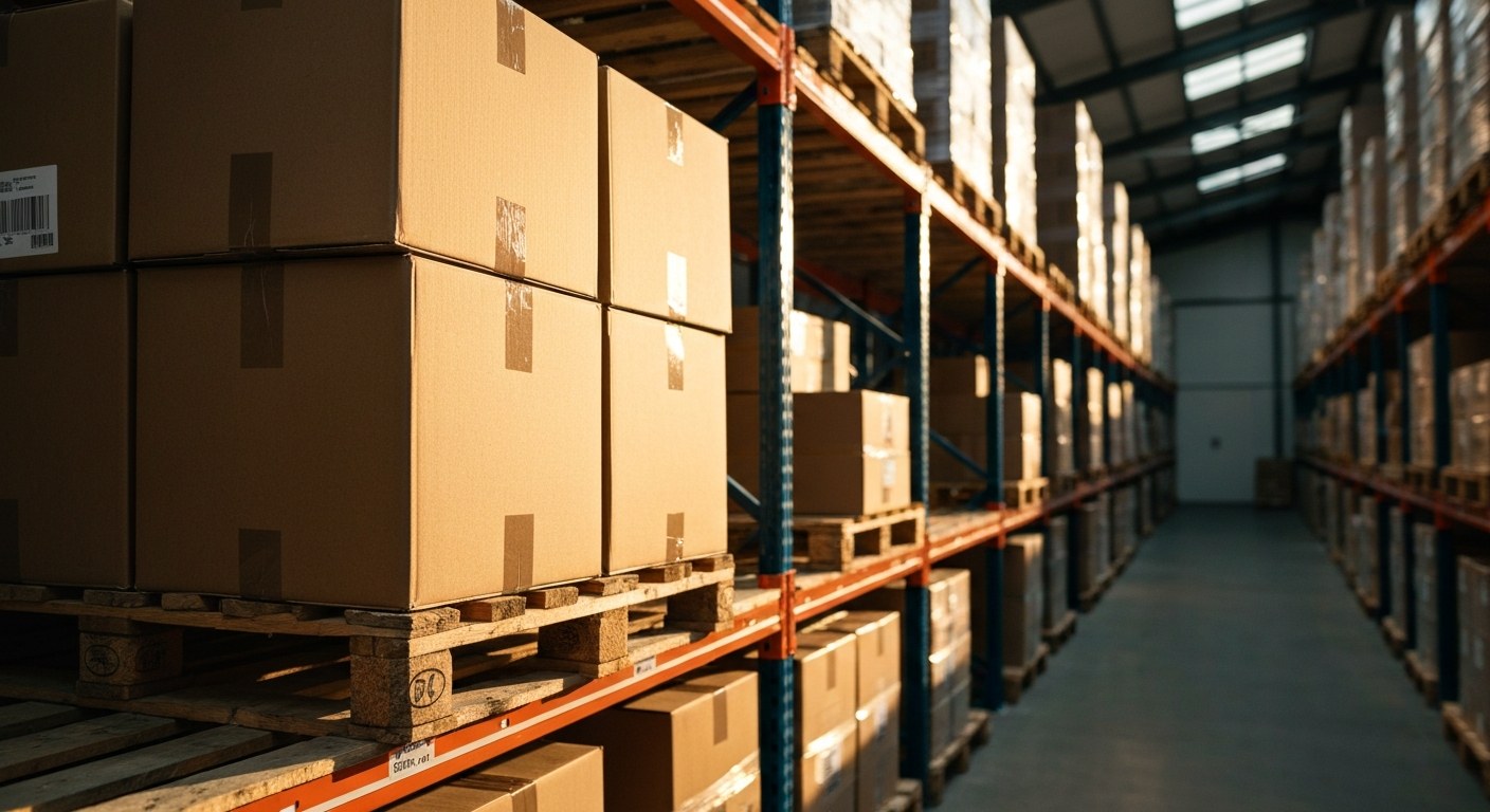 Industrial Inventory Storage Strategy Stacks of cardboard boxes on wooden pallets in a warehouse during sunset, showing detailed textures and long shadows.