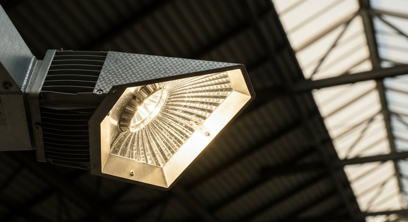 Modern High-Efficiency LED Fixture Close-up view of a high-bay LED light fixture installed on a warehouse ceiling with a metal finish.