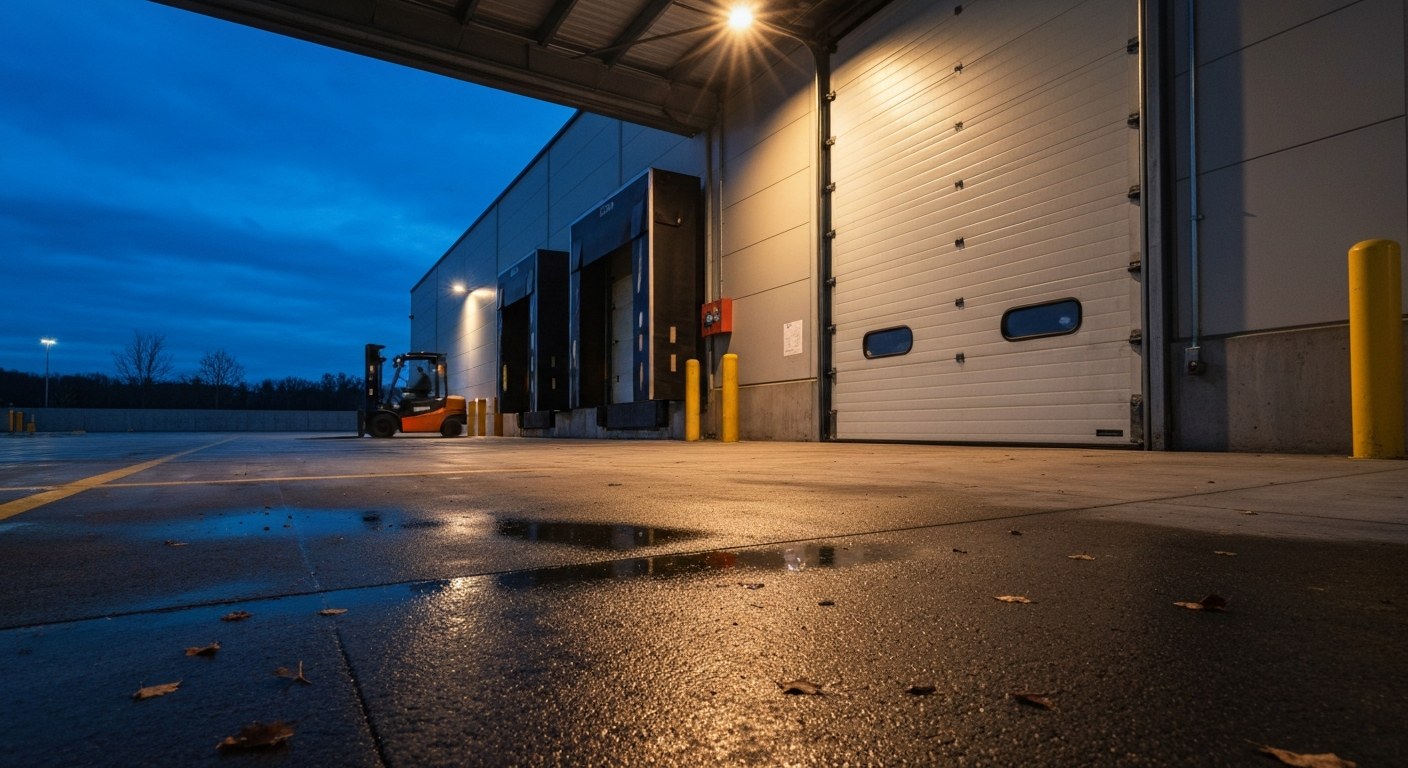 Securing Warehouse Loading Docks Wide view of an industrial loading dock door at dusk with realistic lighting and concrete textures.