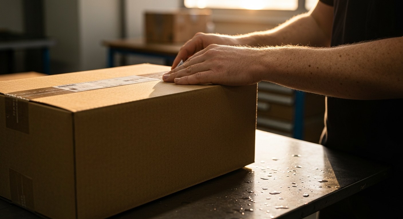 Manual Package Processing in Logistics Hub Close-up of a worker's hands placing a label on a cardboard shipping box under warm evening light.