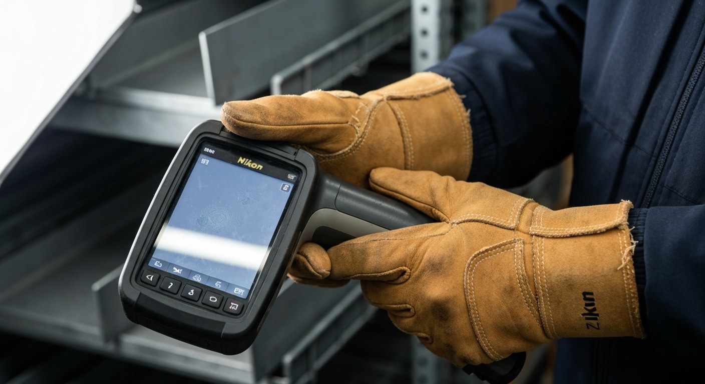 Close-up of gloved hands using a handheld scanner to process a parcel in a modern logistics facility.