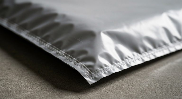 Close up of an industrial-grade matte polyethylene garment bag resting on a raw concrete floor.
