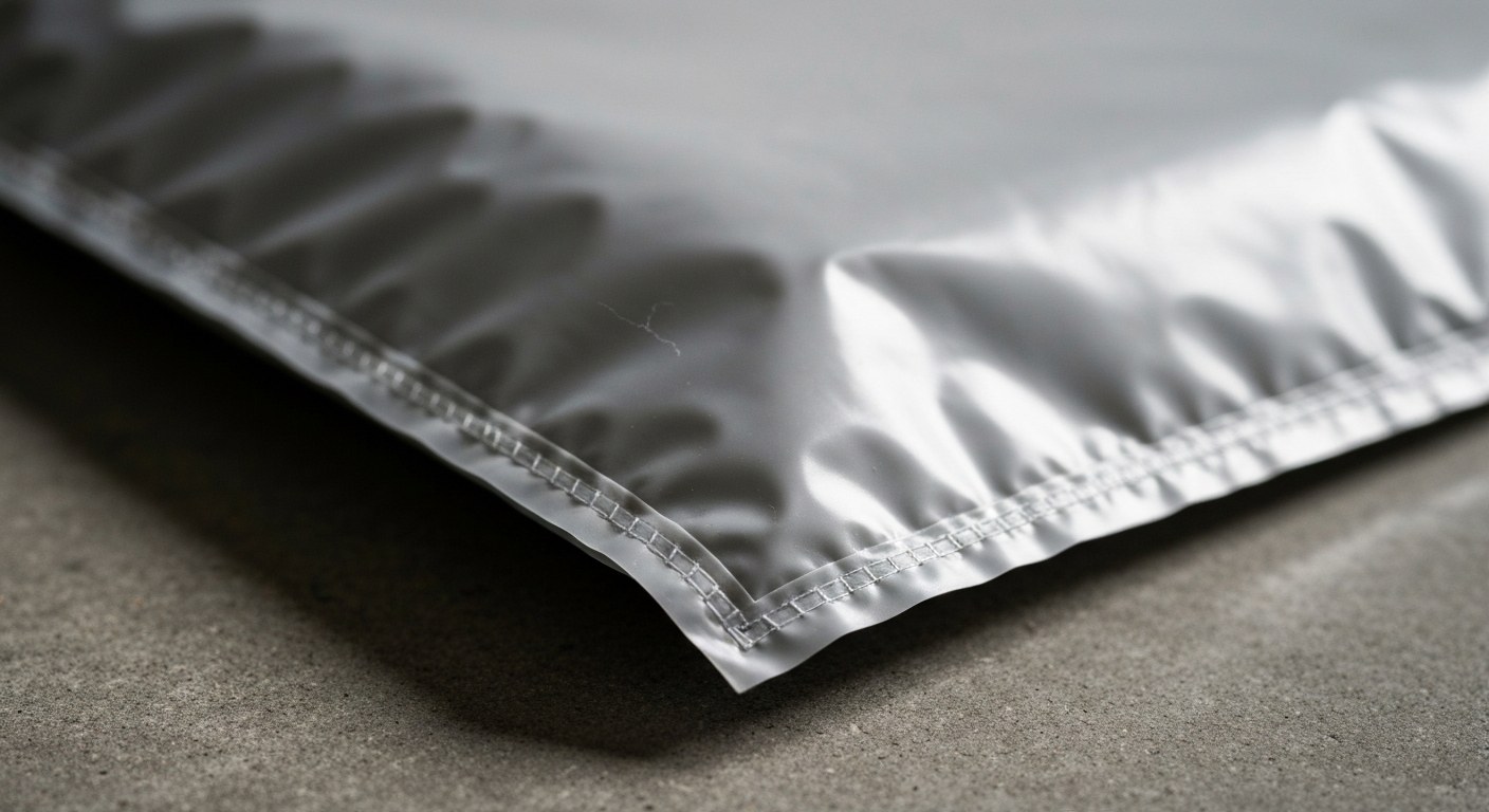 Industrial Packaging Aesthetics Close up of an industrial-grade matte polyethylene garment bag resting on a raw concrete floor.