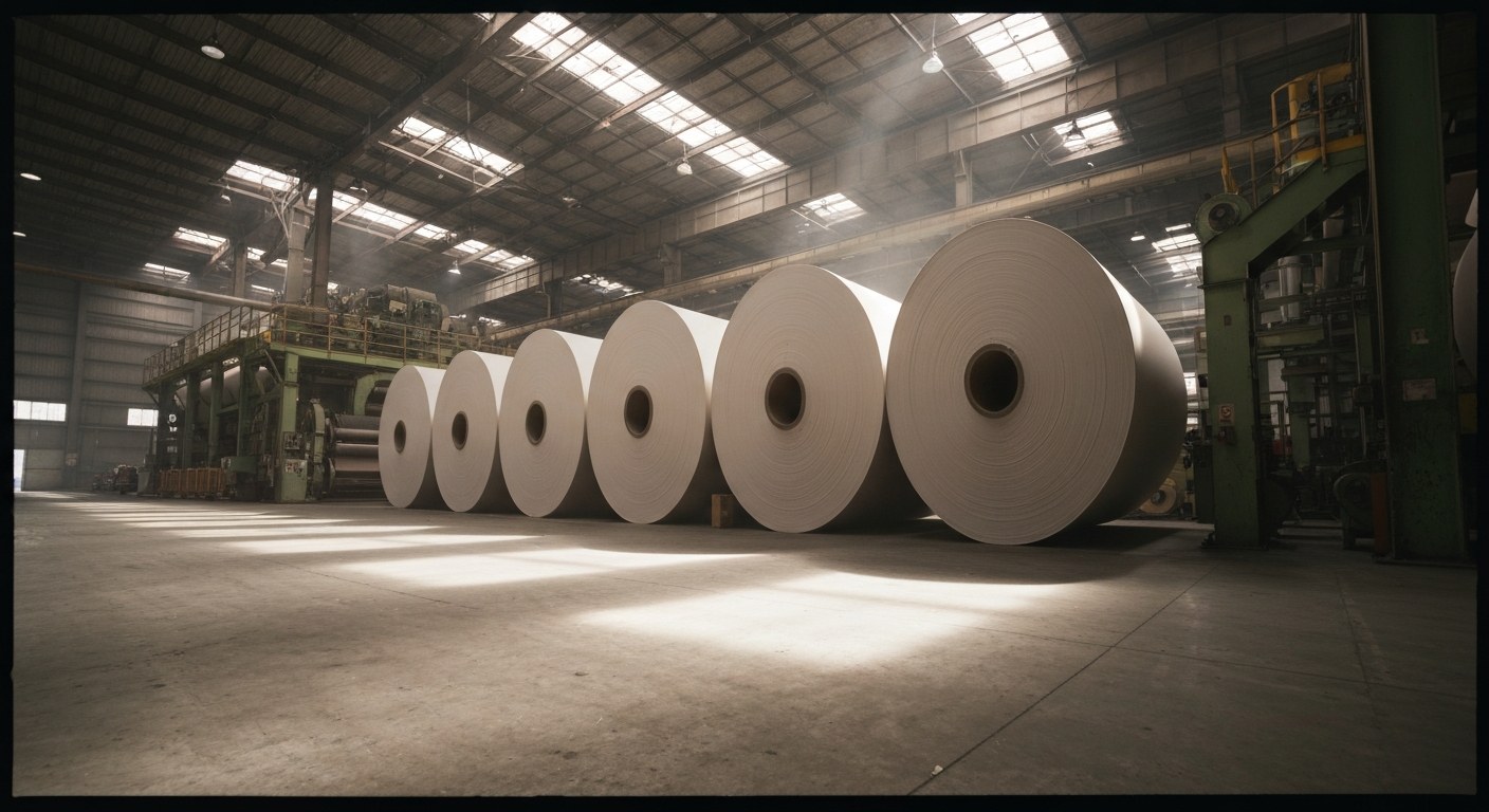 A large industrial paper mill warehouse with massive rolls of paper board and heavy machinery.