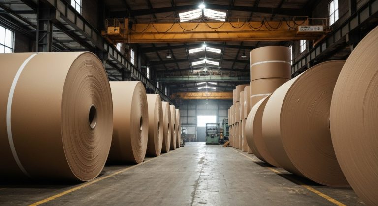 Large industrial rolls of brown paperboard stacked in a modern high-ceilinged manufacturing mill with natural light.