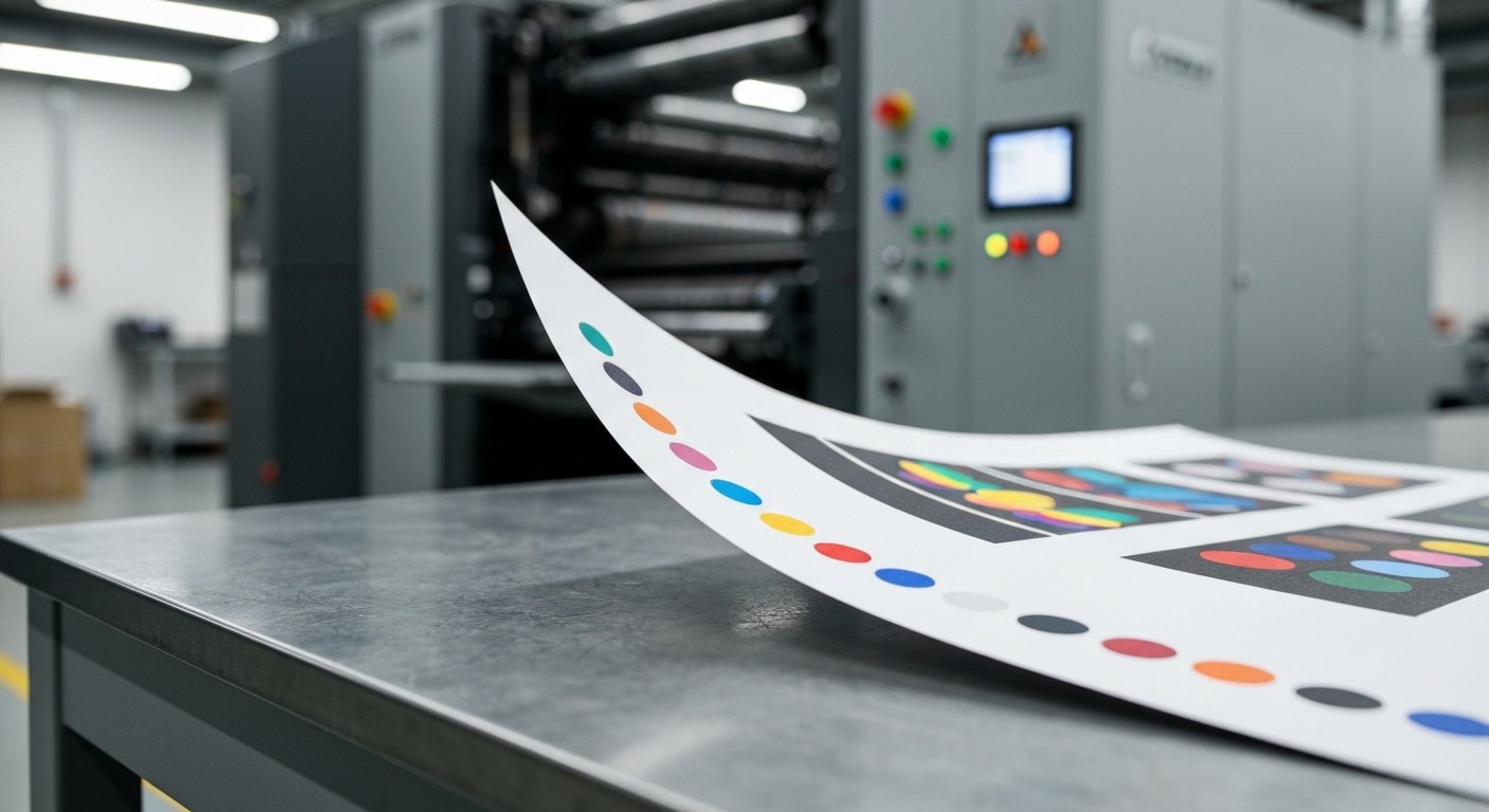 A row of technical color dots on a white print sheet inside a modern industrial printing facility.