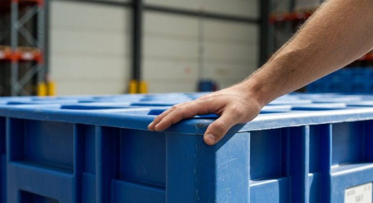 Rigid Packaging Explained (5-Min Guide) 1 A close-up of a person's hand resting on a sturdy blue plastic industrial shipping container in a sunlit warehouse.
