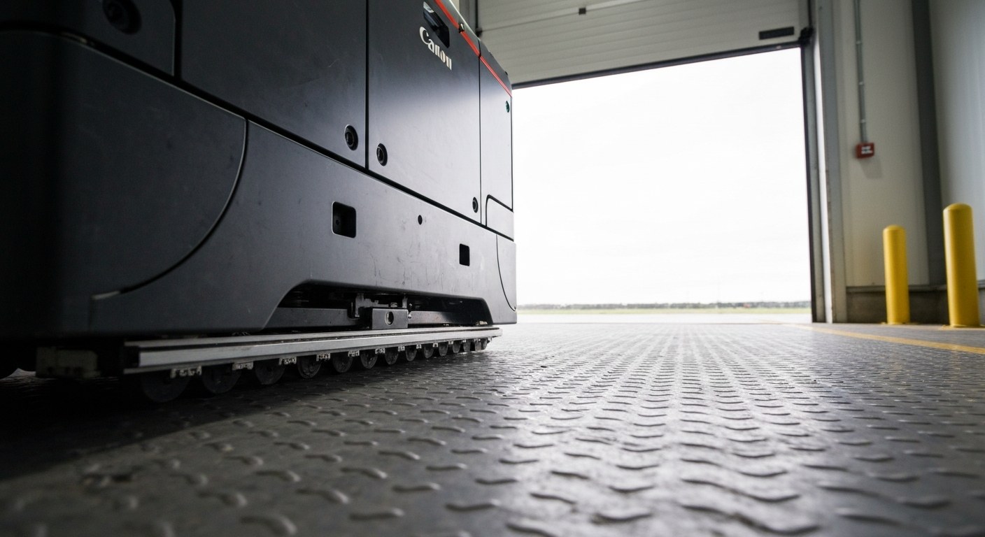 An industrial robotic vacuum docking at a heavy-duty charging station on a textured warehouse floor.
