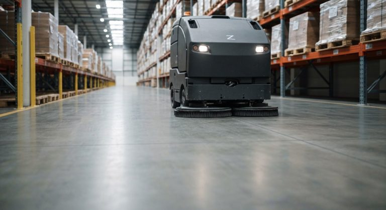 A matte-charcoal industrial robot vacuum cleaning a polished concrete floor in a modern warehouse aisle.