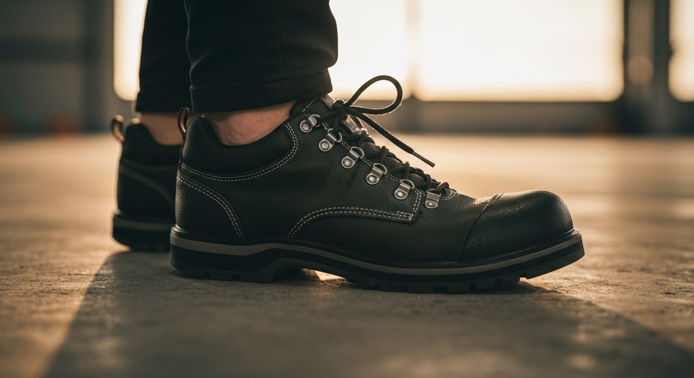 Close-up of a person tying the laces of black industrial safety boots on a grey concrete floor.