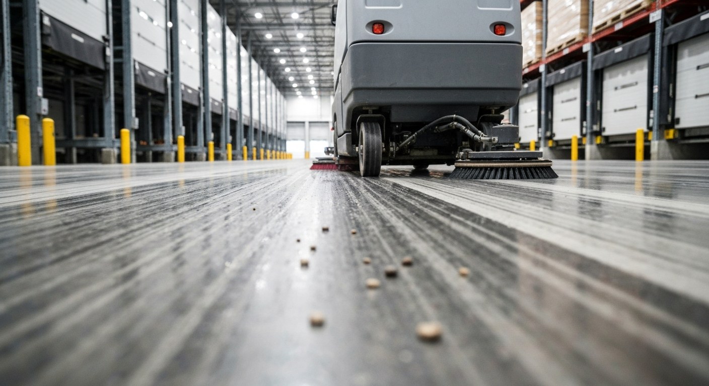 An industrial floor scrubbing machine cleaning a wide warehouse aisle, seen from a low angle.