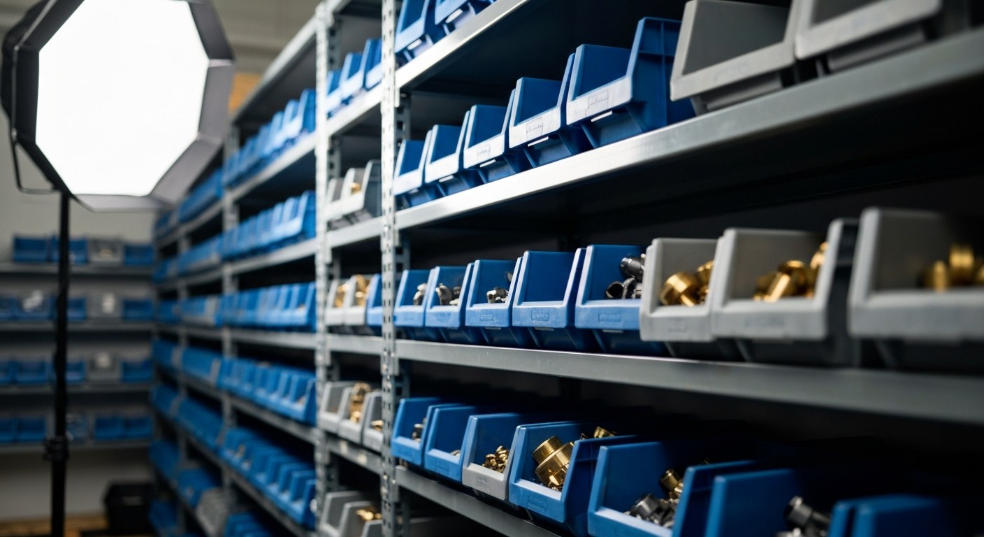 Organized Warehouse Stock Categorization Organized industrial shelving with bins containing mechanical parts under professional lighting.