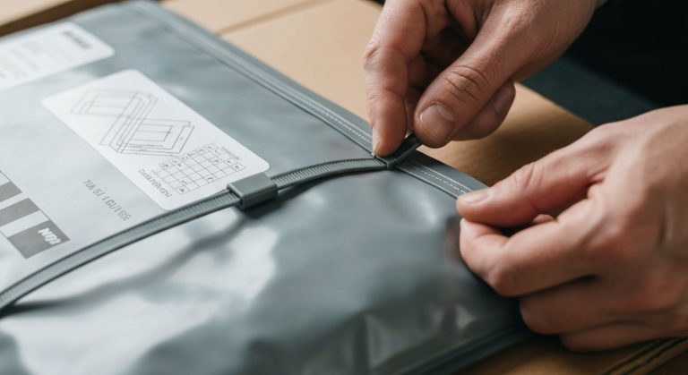 Close-up of hands opening a vacuum-sealed industrial garment bag with a grey zip tie and technical labels.