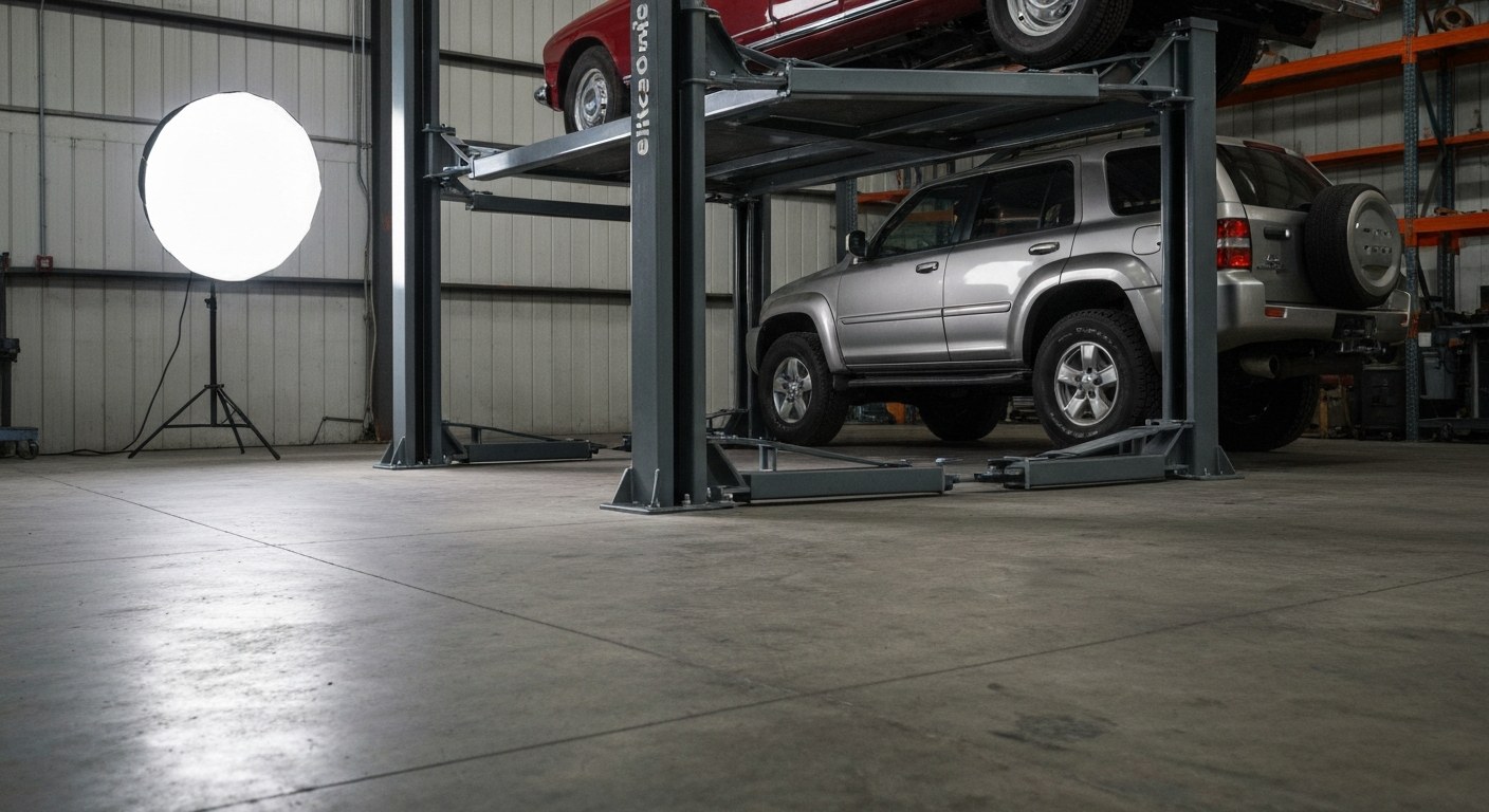 Industrial Four-Post Vehicle Lift Heavy-duty four-post vehicle lift in a warehouse, showing a car stacked vertically to maximize storage space.