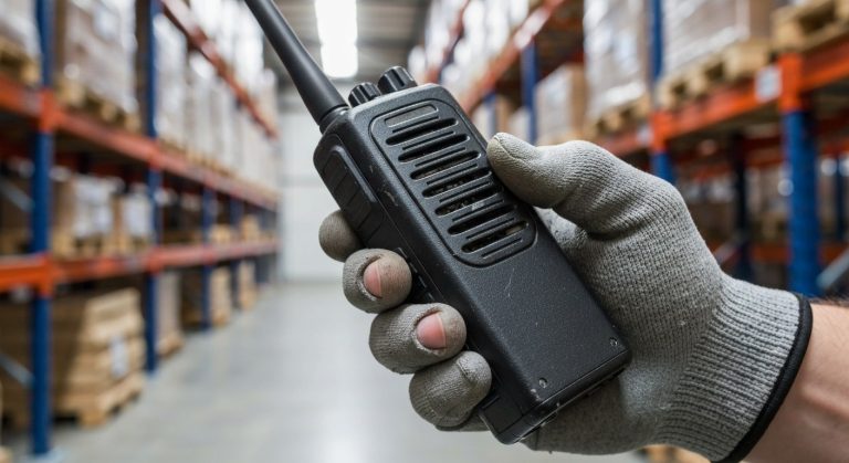 Close-up of a worker's hand holding a rugged black walkie-talkie in a blurred warehouse aisle with orange shelving.