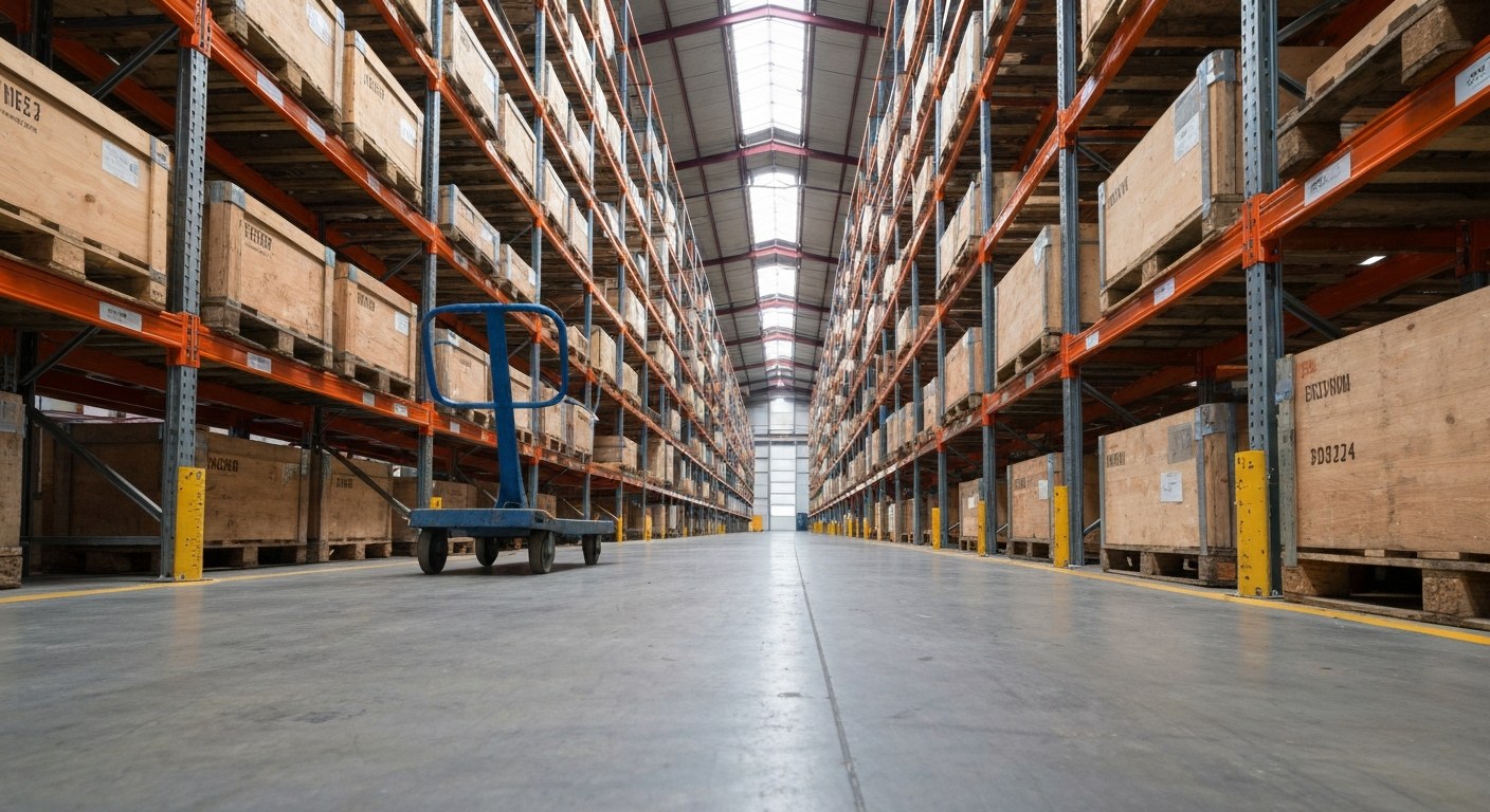 A long warehouse aisle filled with stacked wooden crates under industrial skylights with a metal dolly in the foreground.