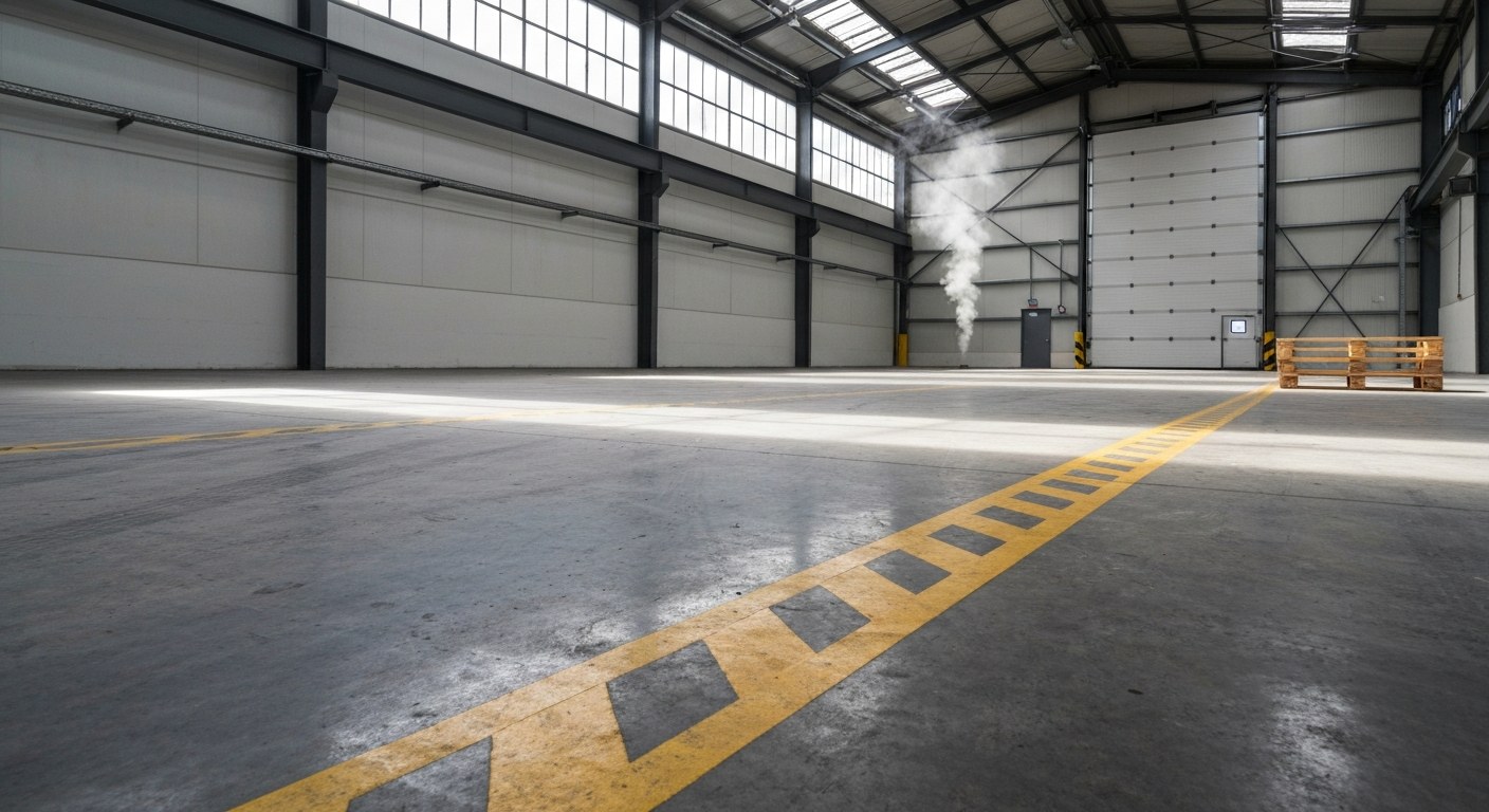 Interior of a vast, empty industrial warehouse with concrete floors and overhead window light.