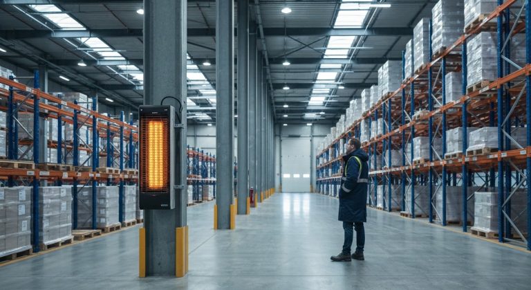 A large industrial heater mounted on a steel beam in a high-ceiling warehouse with a worker nearby.