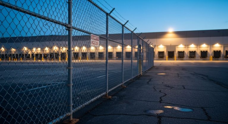 A large industrial warehouse at dusk behind a high security fence with warm floodlights and a cracked asphalt foreground.