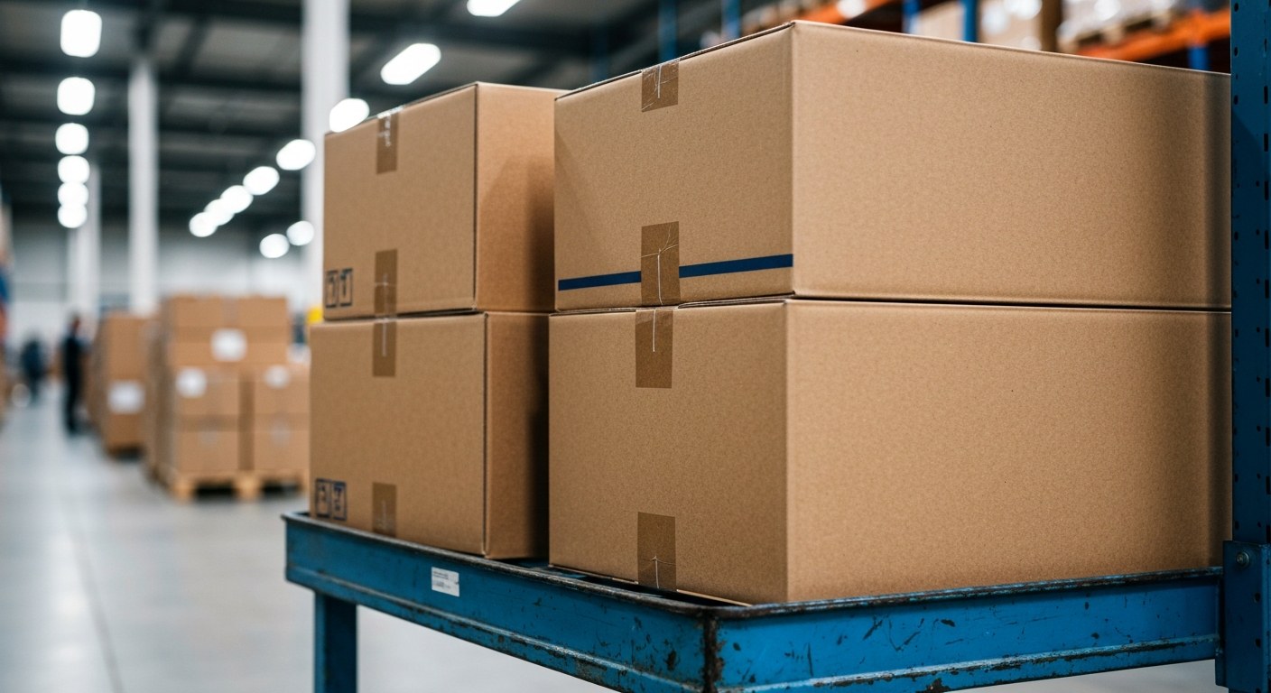 Stacked custom-fit brown cardboard shipping boxes on a metal warehouse trolley under industrial lighting.