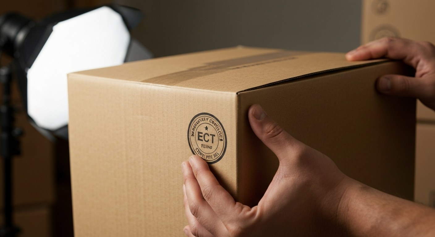 A person inspecting the circular manufacturer's certificate on the bottom of a used cardboard shipping box.