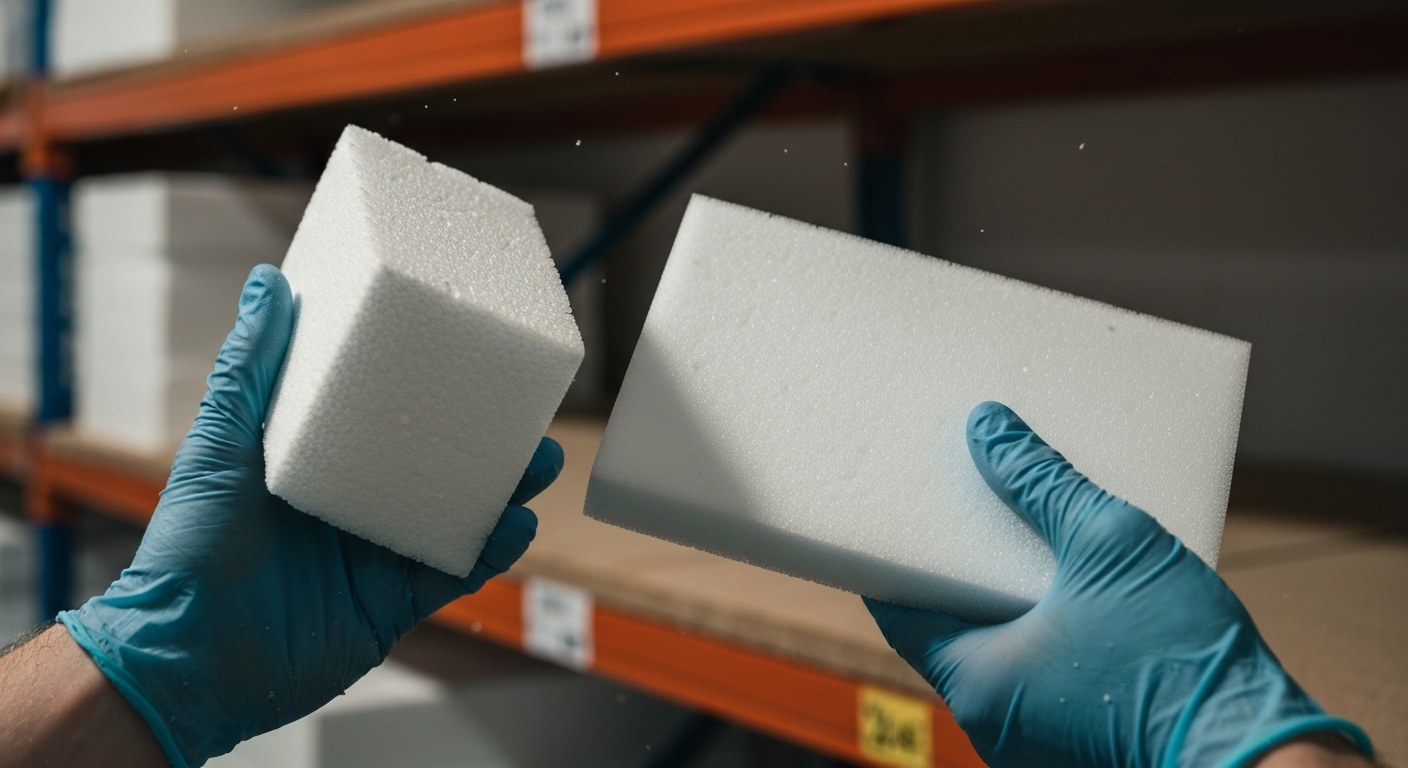 Identifying Packaging Foam Types Close-up of hands comparing rigid expanded polystyrene foam and flexible polyethylene foam packaging.
