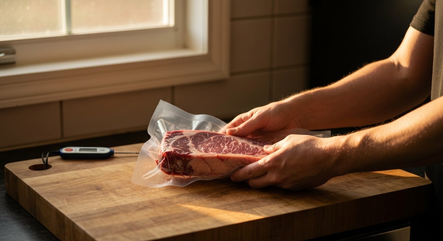 Inspecting Meat Seal Integrity Before Cooking Hands holding a vacuum-sealed raw steak over a wooden cutting board in warm kitchen light.