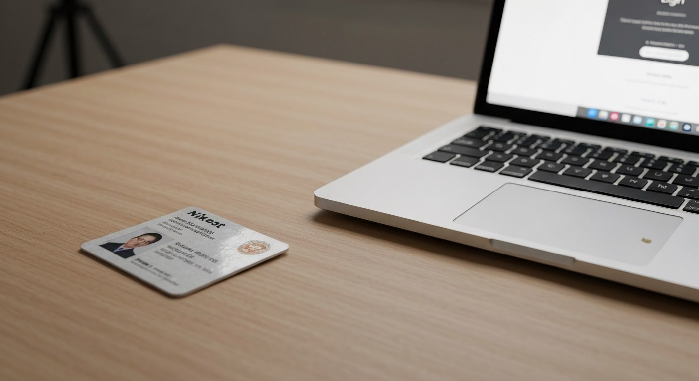 Discarded employee badge next to a laptop displaying a professional login portal.