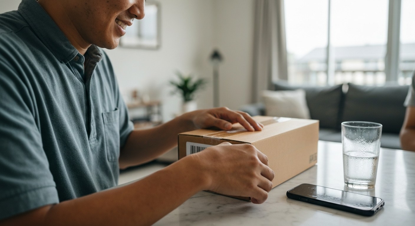Successful International E-commerce Delivery A person unboxing a cardboard package on a kitchen counter in a bright, modern home setting.