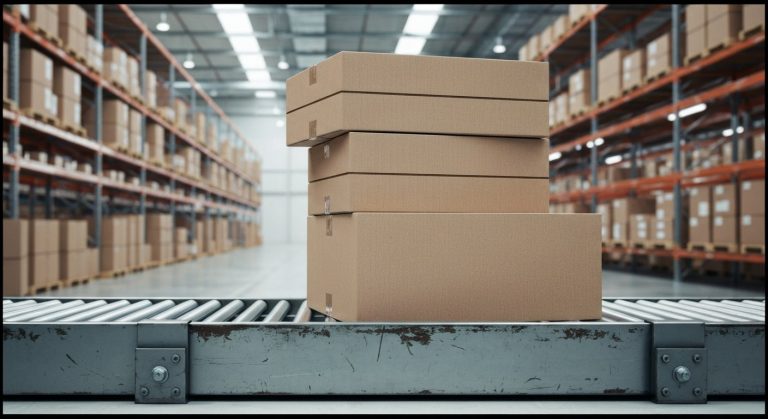 A wide view of an industrial warehouse conveyor belt with cardboard shipping boxes under natural skylight.