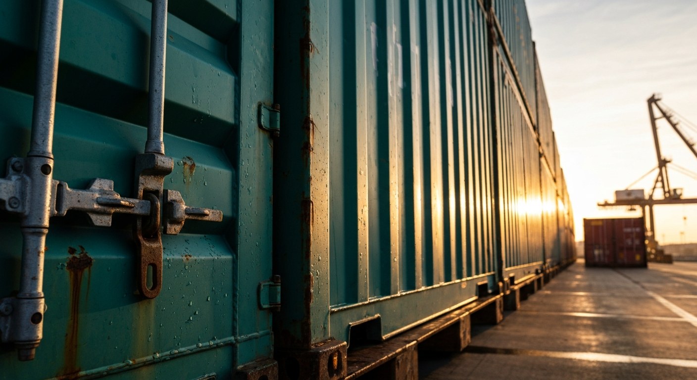 International Shipping Container Close-Up Close-up of a weathered teal shipping container with rust and iron locks during golden hour at a freight terminal.