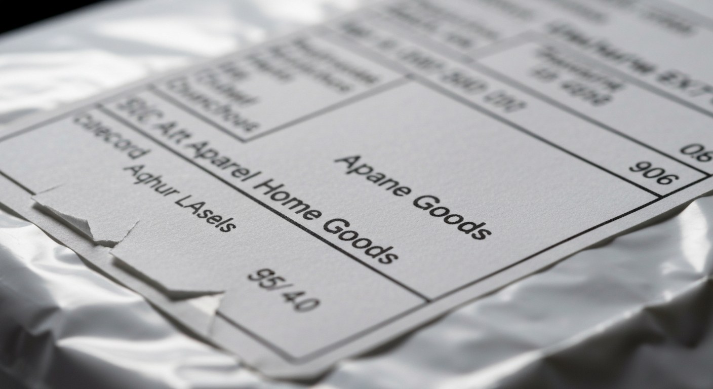 Shipping Label with Customs Declaration Details Close-up of a shipping label on a white package showing generic customs descriptions and paper texture.